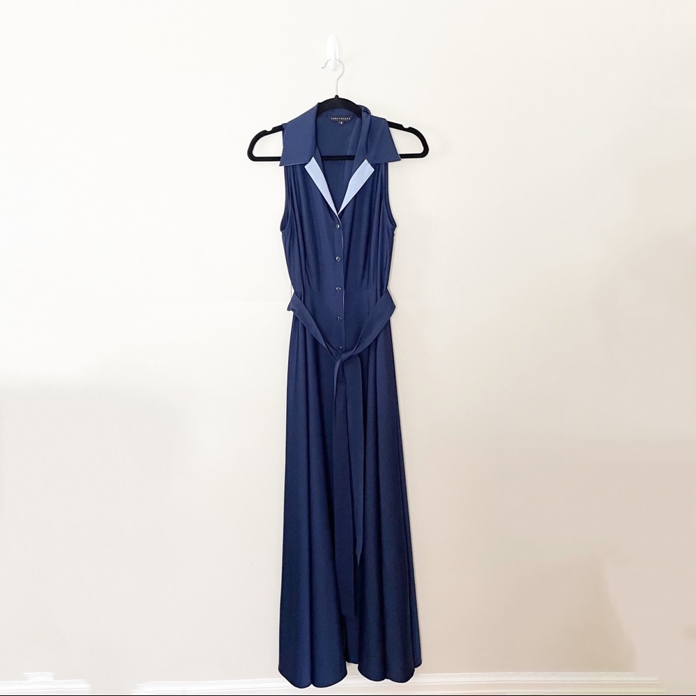 Abbey Glass Button Down Polo Maxi Shirt Dress Sash Navy Blue